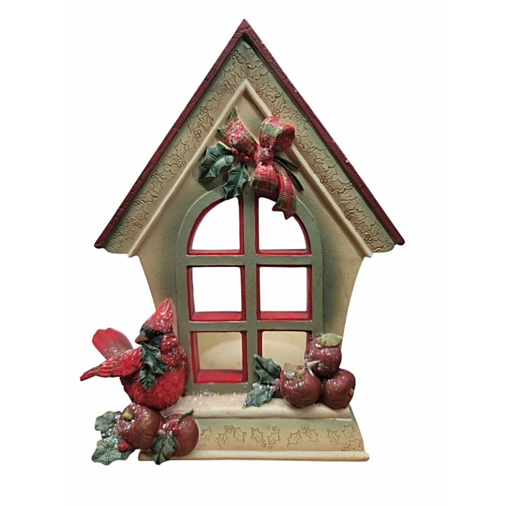 Vintage "Winter Orchard" Cardinal Window Tea Light Candle Holder